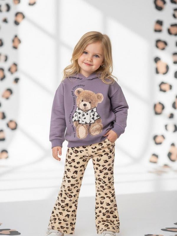Kız Çocuk Leopar Desenli Ayıcıklı Eşofman Takımı
