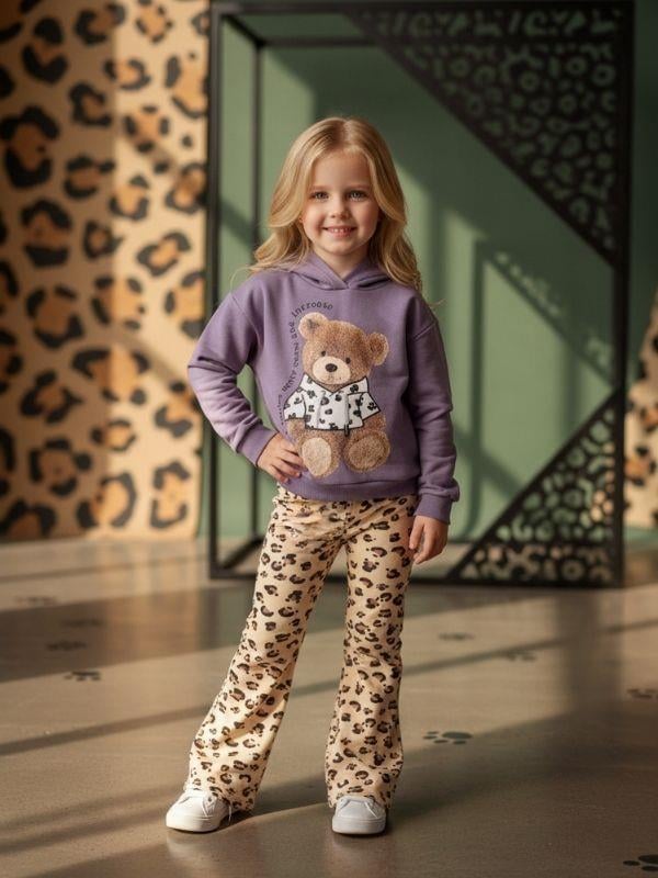 Kız Çocuk Leopar Desenli Ayıcıklı Eşofman Takımı