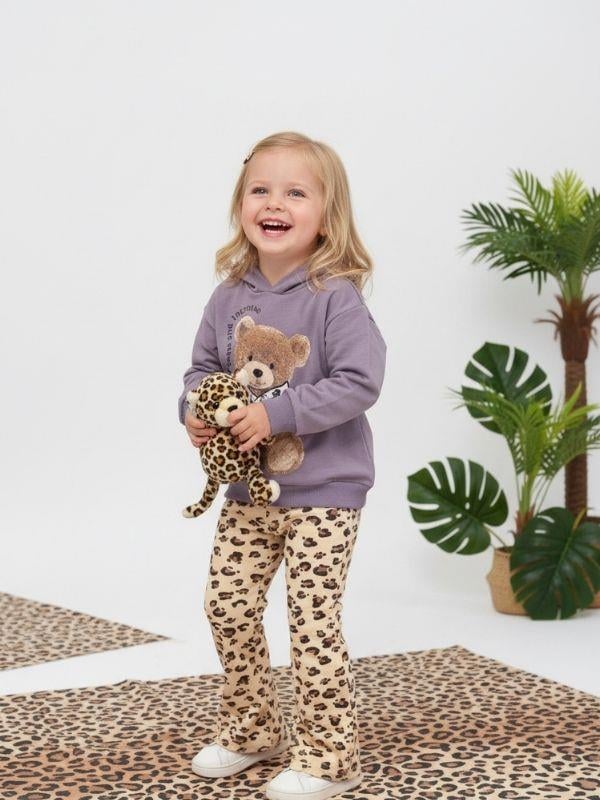Kız Çocuk Leopar Desenli Ayıcıklı Eşofman Takımı