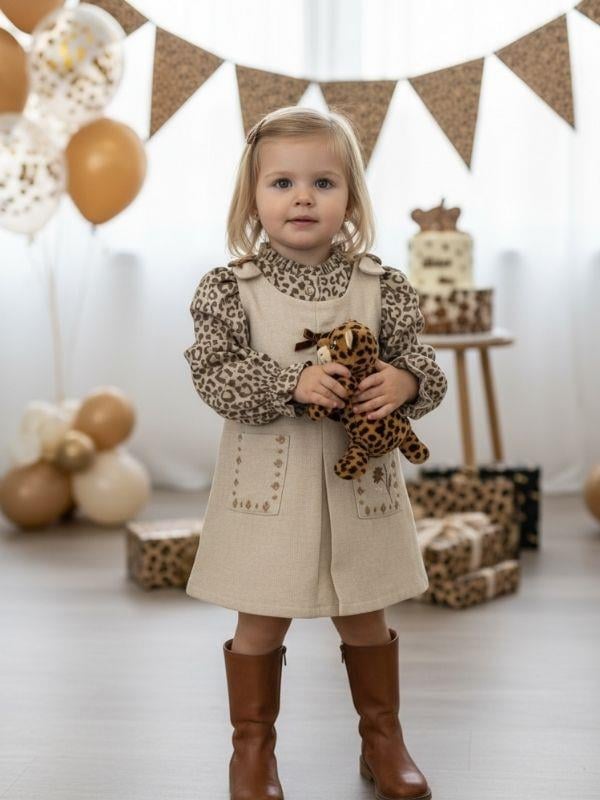 Kız Çocuk Leopar Desenli Bluz ve Elbise İkili Takım