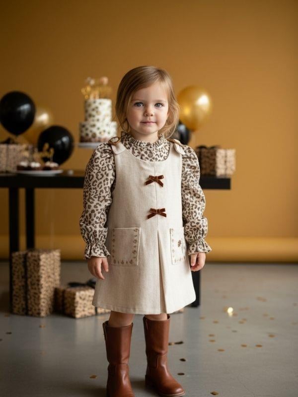 Kız Çocuk Leopar Desenli Bluz ve Elbise İkili Takım