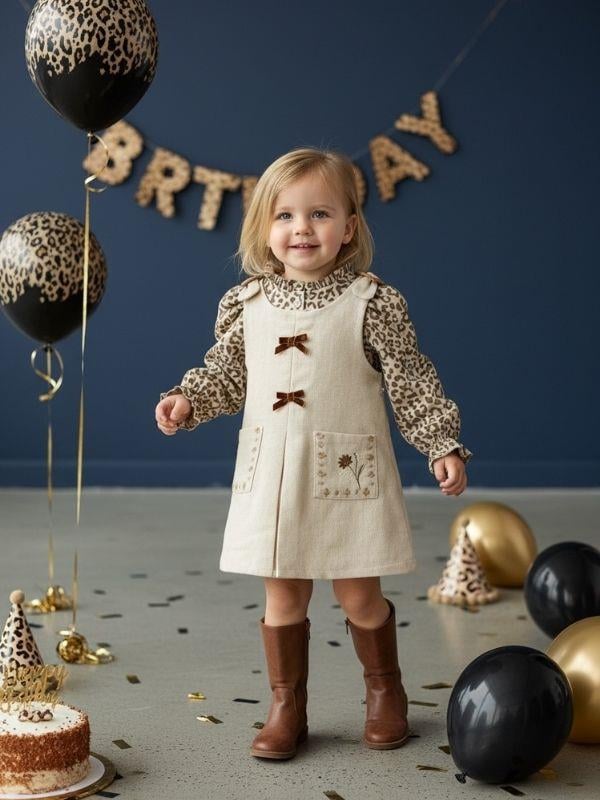 Kız Çocuk Leopar Desenli Bluz ve Elbise İkili Takım