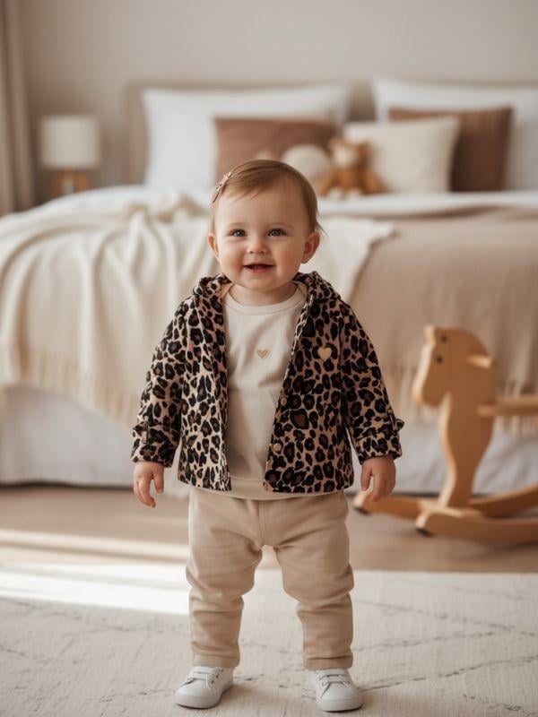 Kız Çocuk Leopar Desenli Ceketli 3'lü Takım