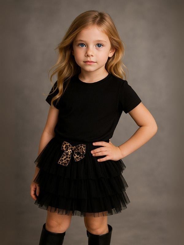 Kız Çocuk Leopar Desenli Fiyonk Detaylı Tütü Etek