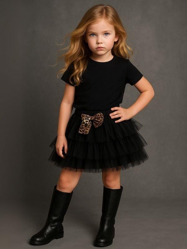Kız Çocuk Leopar Desenli Fiyonk Detaylı Tütü Etek
