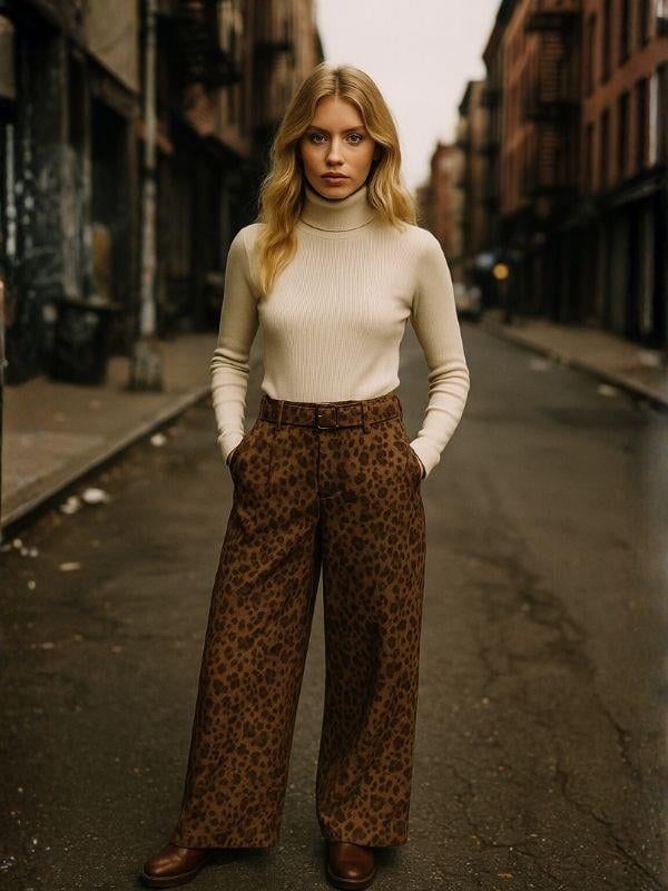 Kız Çocuk Leopar Desenli Süet Geniş Paça Tasarım Pantolon