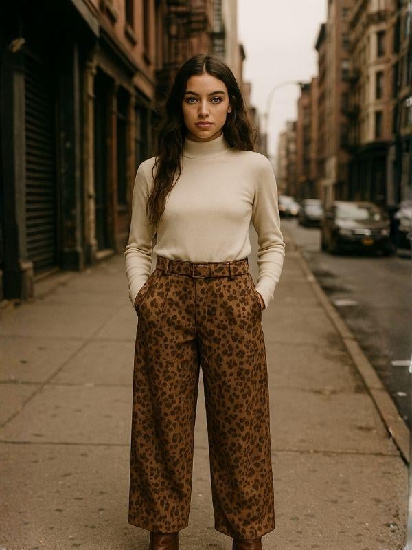 Kız Çocuk Leopar Desenli Süet Geniş Paça Tasarım Pantolon