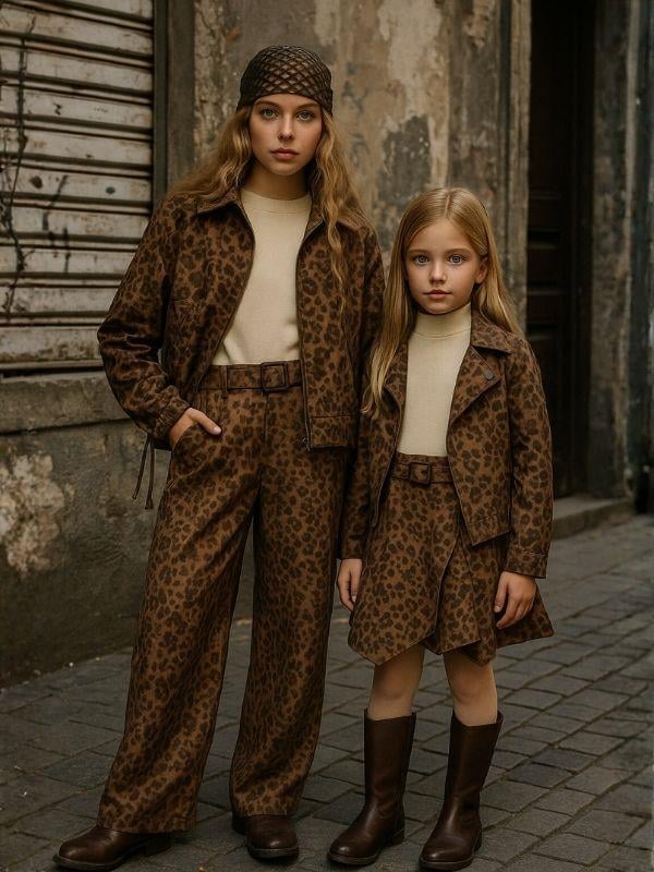 Kız Çocuk Leopar Desenli Süet Geniş Paça Tasarım Pantolon