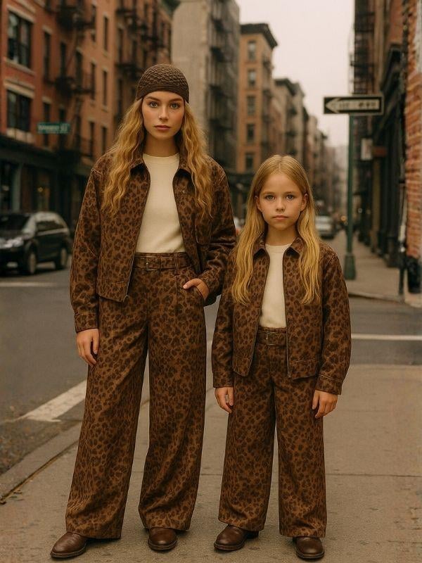 Kız Çocuk Leopar Desenli Süet Geniş Paça Tasarım Pantolon