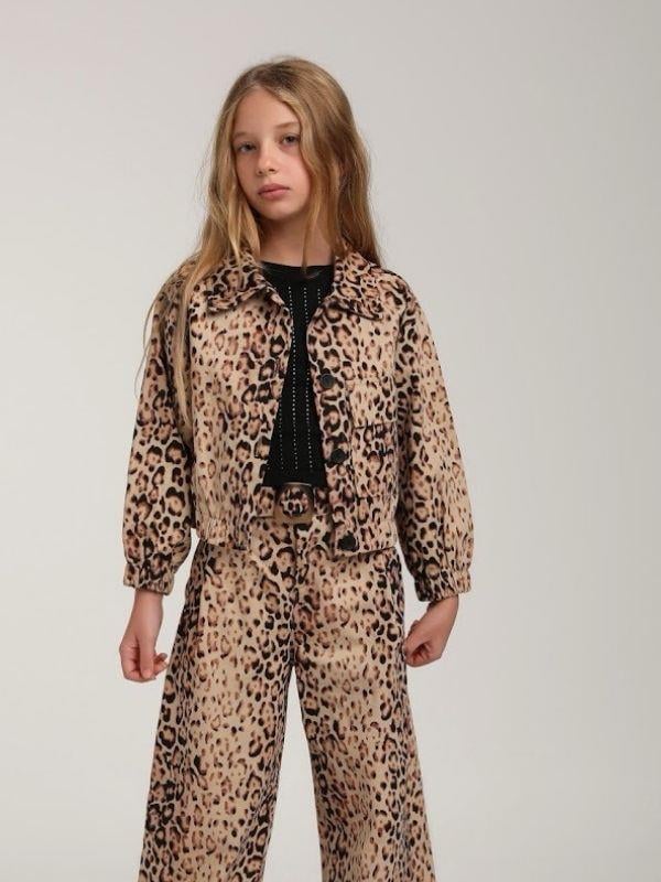 Kız Çocuk Leopar Desenli Tek Cepli Ceket