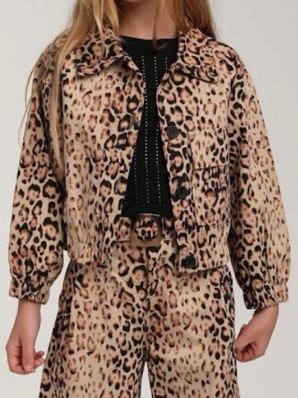 Kız Çocuk Leopar Desenli Tek Cepli Ceket
