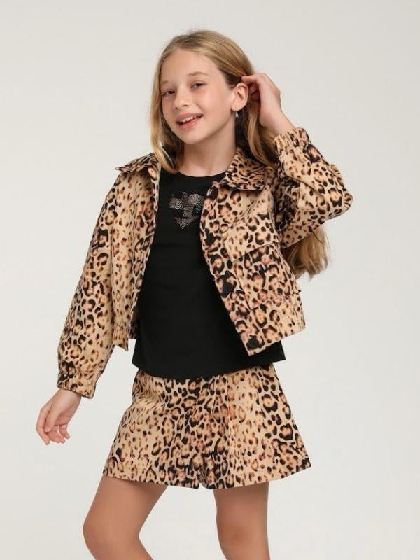 Kız Çocuk Leopar Desenli Tek Cepli Ceket