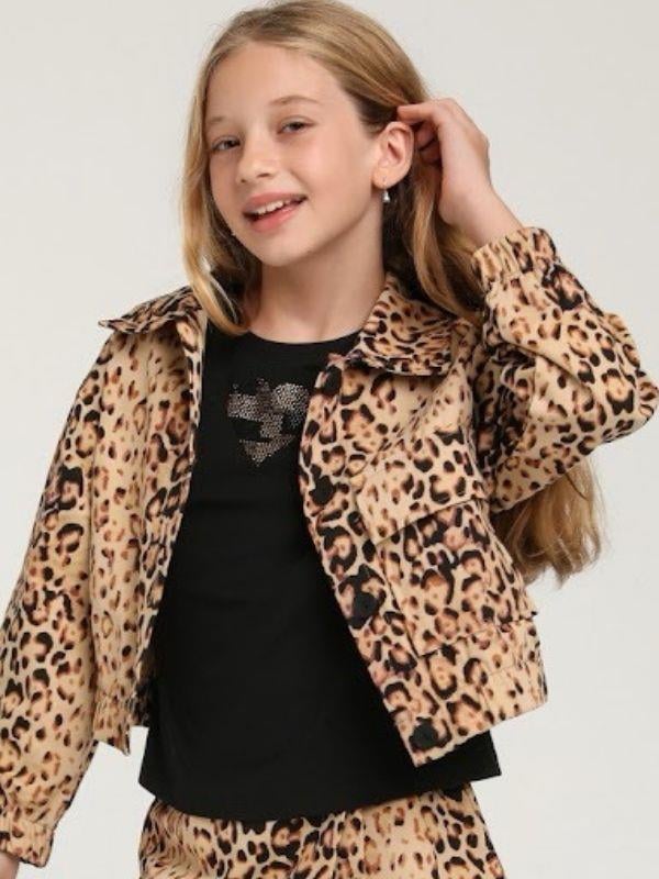Kız Çocuk Leopar Desenli Tek Cepli Ceket