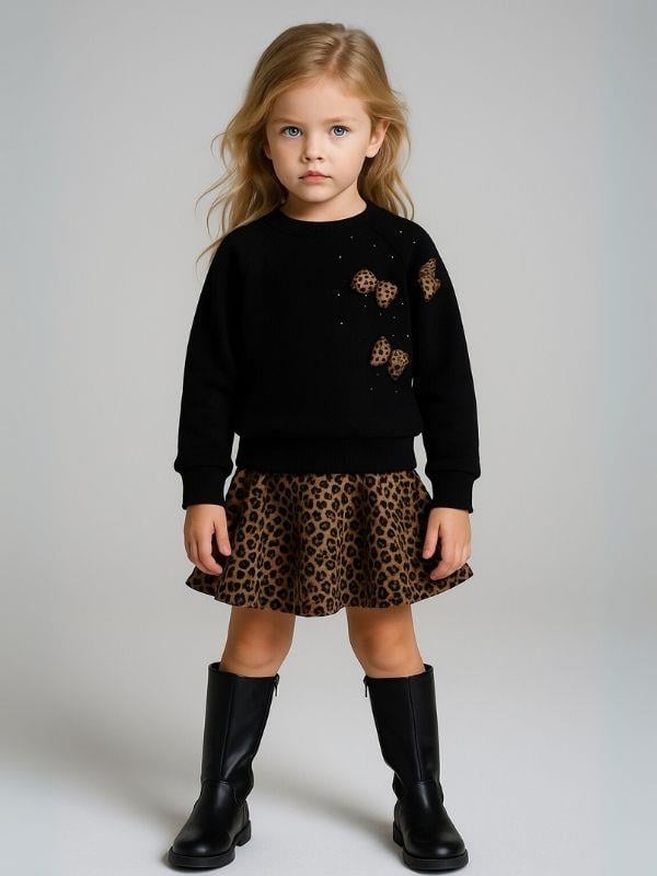 Kız Çocuk Leopar Fiyonk Detaylı Sweatshirt