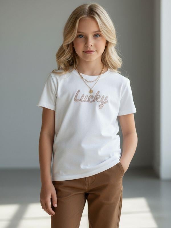 Kız Çocuk Lucky Baskılı Pamuklu T-shirt