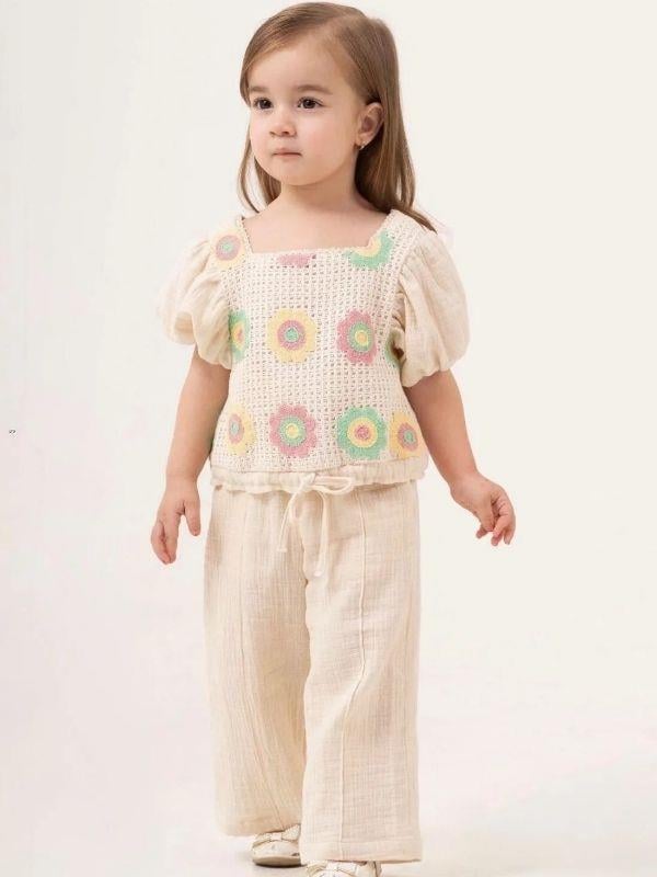 Kız Çocuk Motifli Müslin Pantolonlu Takım