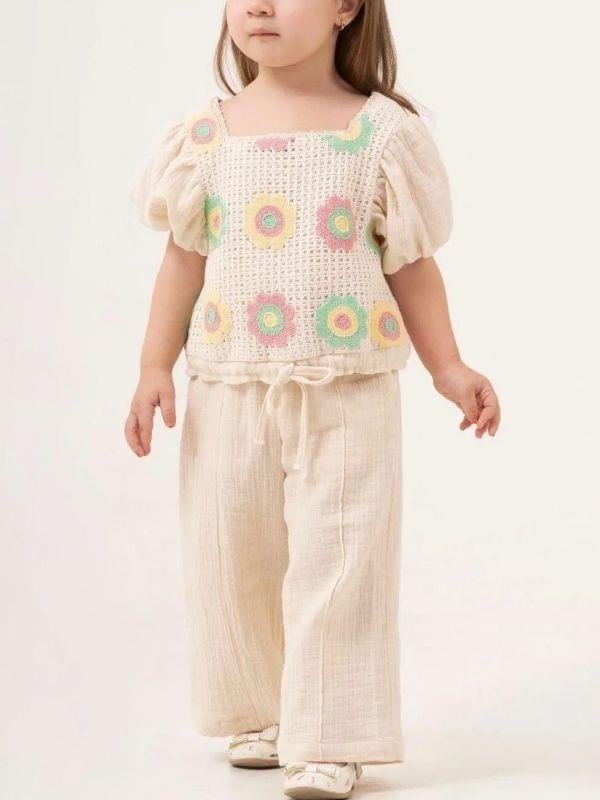 Kız Çocuk Motifli Müslin Pantolonlu Takım