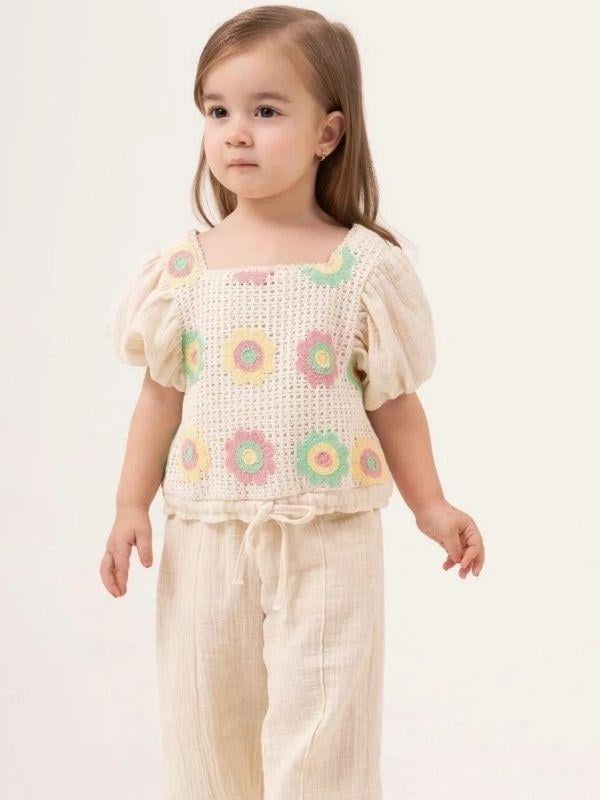 Kız Çocuk Motifli Müslin Pantolonlu Takım