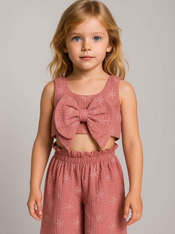 Kız Çocuk Müslin Crop Pantolonlu Takım