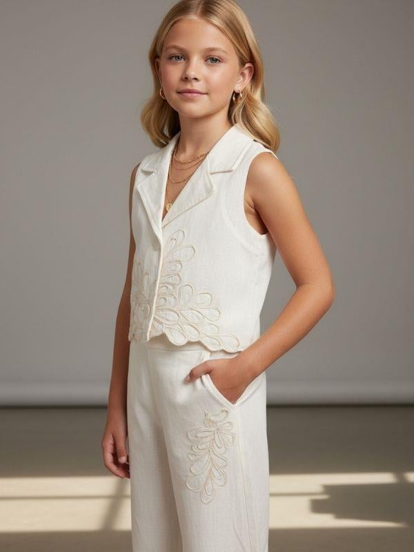 Kız Çocuk Nakış Detaylı Yelek Pantolon Takım