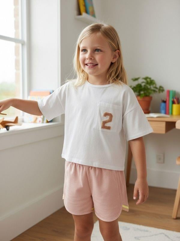 Kız Çocuk Nakışlı T-shirt Şortlu Takım