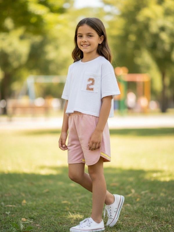 Kız Çocuk Nakışlı T-shirt Şortlu Takım