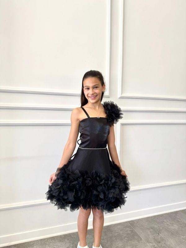 Kız Çocuk Omuz ve Etek Ucu Çiçek Detaylı Tasarım Abiye Elbise