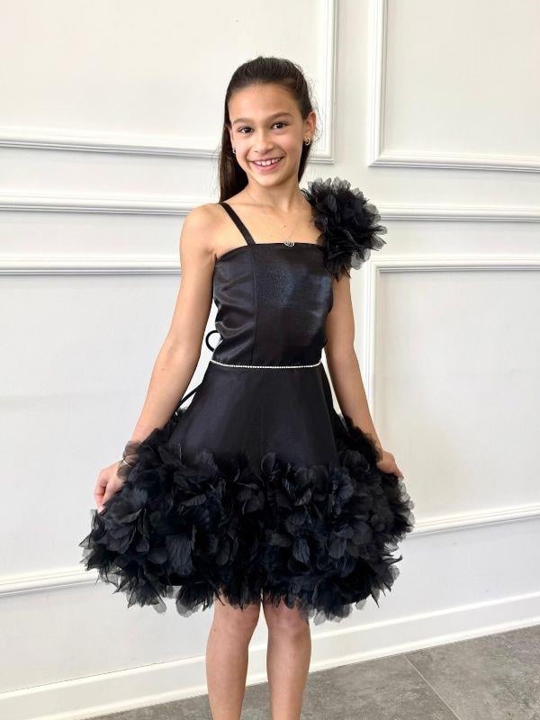 Kız Çocuk Omuz ve Etek Ucu Çiçek Detaylı Tasarım Abiye Elbise