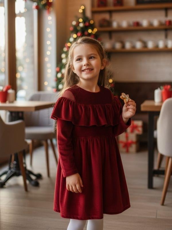 Kız Çocuk Omuzları Açık Kat Kat Fırfırlı Kırmızı Kadife Elbise