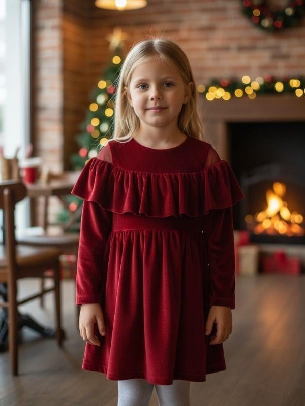 Kız Çocuk Omuzları Açık Kat Kat Fırfırlı Kırmızı Kadife Elbise