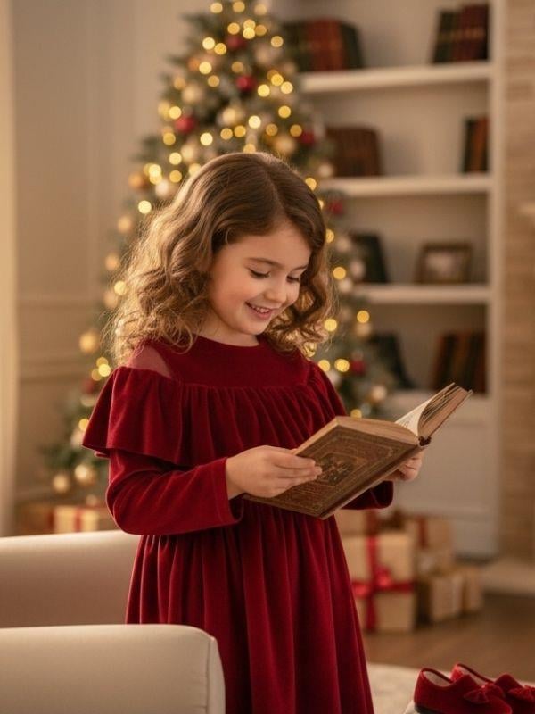 Kız Çocuk Omuzları Açık Kat Kat Fırfırlı Kırmızı Kadife Elbise