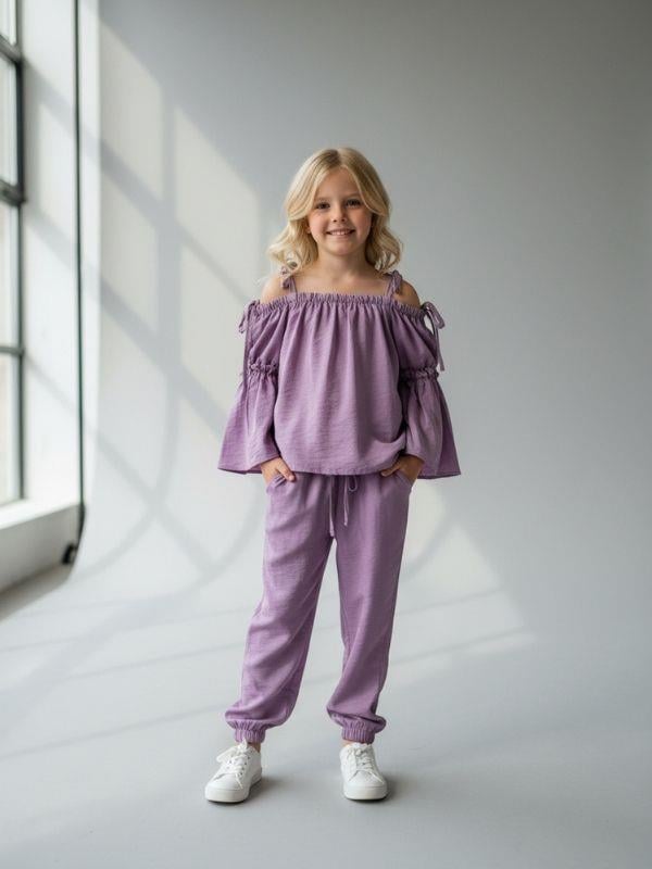 Kız Çocuk Omuzları Dekolteli İspanyol Kol Pantolonlu Takım