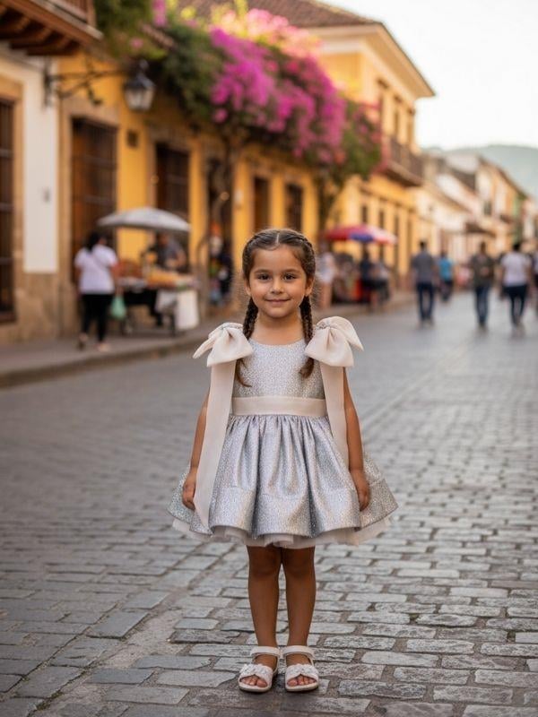Kız Çocuk Omuzları Fiyonk Detaylı Simli Katkat Tasarım Abiye Elbise