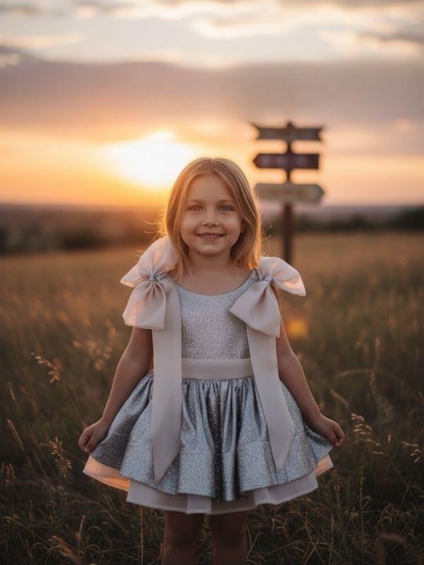 Kız Çocuk Omuzları Fiyonk Detaylı Simli Katkat Tasarım Abiye Elbise