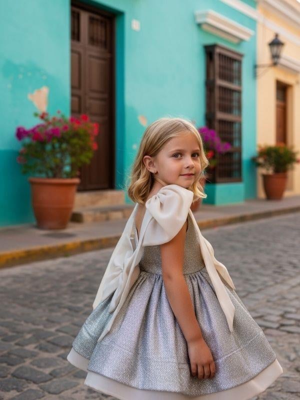 Kız Çocuk Omuzları Fiyonk Detaylı Simli Katkat Tasarım Abiye Elbise