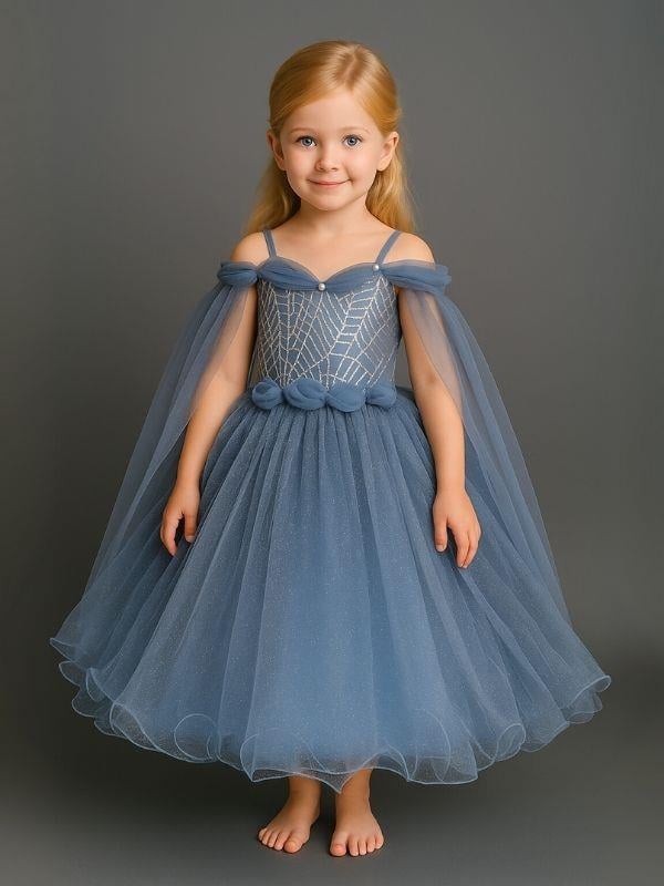 Kız Çocuk Omuzları Tül Detaylı Tarlatanlı Prenses Kostümü
