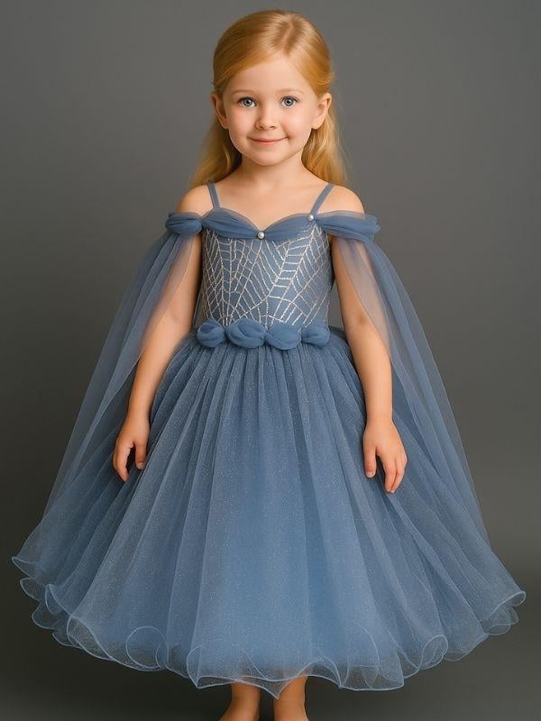 Kız Çocuk Omuzları Tül Detaylı Tarlatanlı Prenses Kostümü