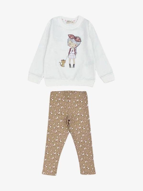 Kız Çocuk Önü Baskılı Sweatsirt Çiçekli Taytlı Takım