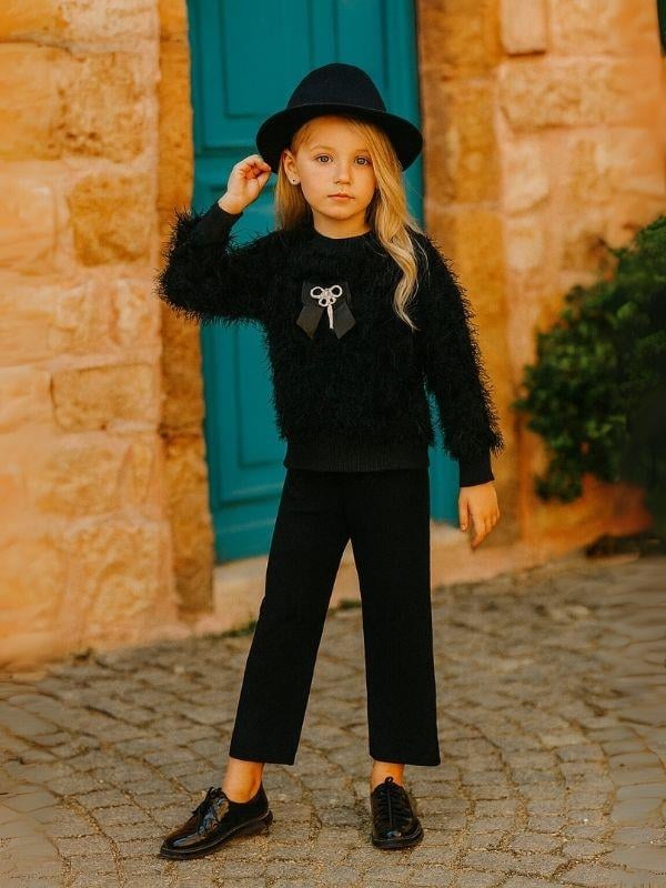 Kız Çocuk Örme Sakallı Şık Pantolonlu Takım