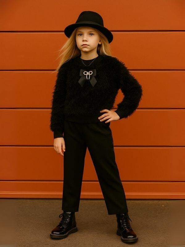 Kız Çocuk Örme Sakallı Şık Pantolonlu Takım