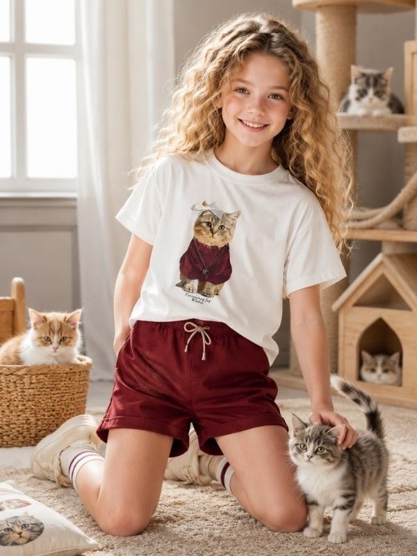 Kız Çocuk Oversize Kedi Baskılı Tasarım T-shirt