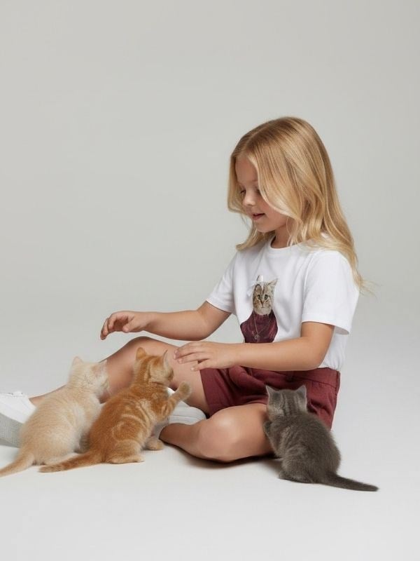 Kız Çocuk Oversize Kedi Baskılı Tasarım T-shirt