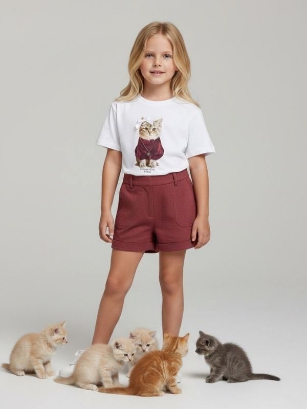 Kız Çocuk Oversize Kedi Baskılı Tasarım T-shirt