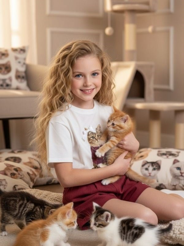 Kız Çocuk Oversize Kedi Baskılı Tasarım T-shirt