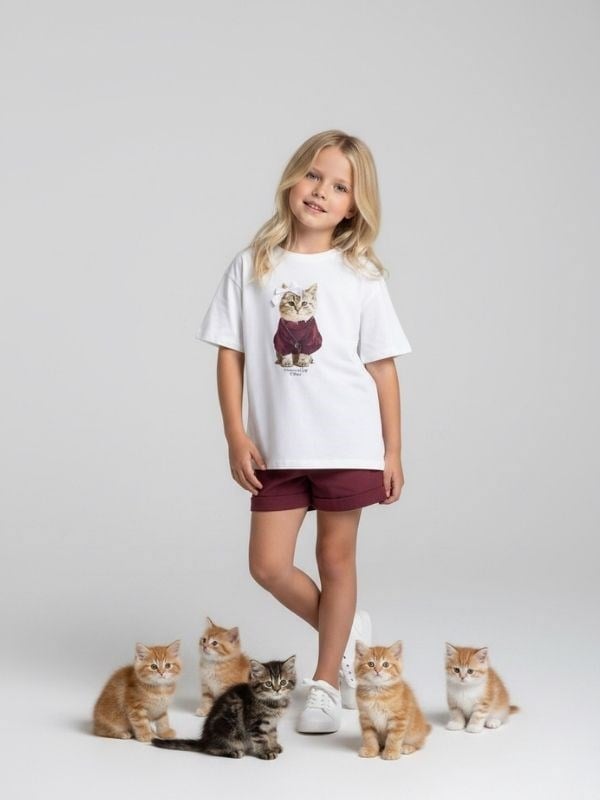 Kız Çocuk Oversize Kedi Baskılı Tasarım T-shirt