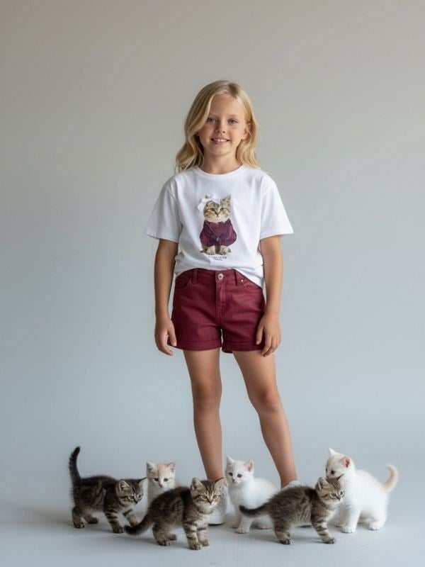 Kız Çocuk Oversize Kedi Baskılı Tasarım T-shirt