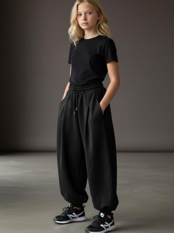 Kız Çocuk Oversize Şalvar Kesim Pileli Tasarım Eşofman Altı