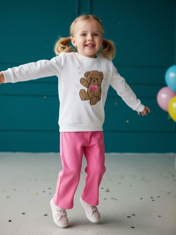 Kız Çocuk Pamuklu Ayıcık İşlemeli Geniş Paçalı Eşofman Takım