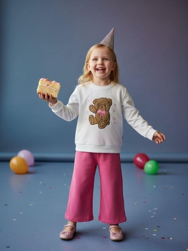 Kız Çocuk Pamuklu Ayıcık İşlemeli Geniş Paçalı Eşofman Takım