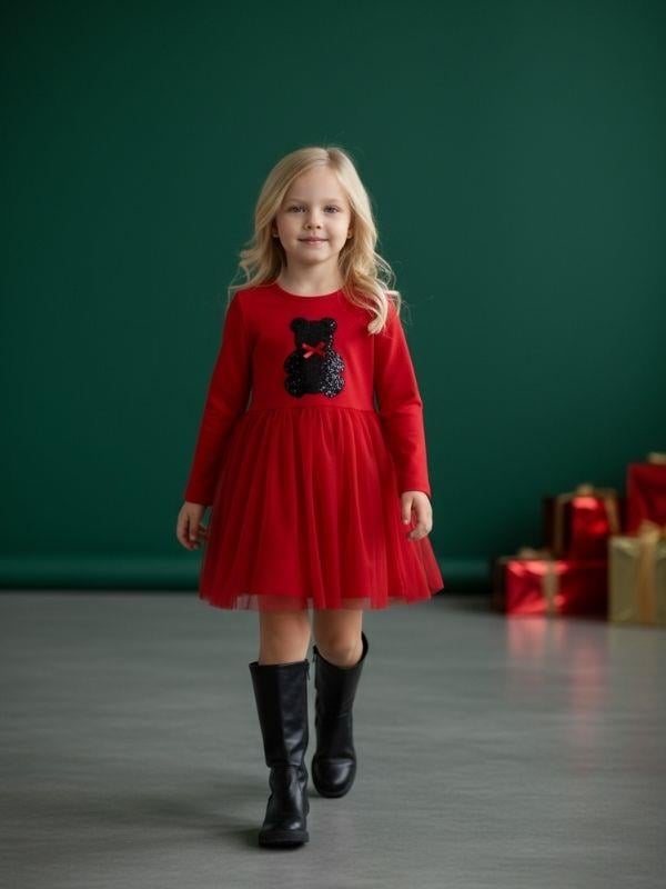 Kız Çocuk Pamuklu Ayıcık İşlemeli Kırmızı Tütülü Elbise